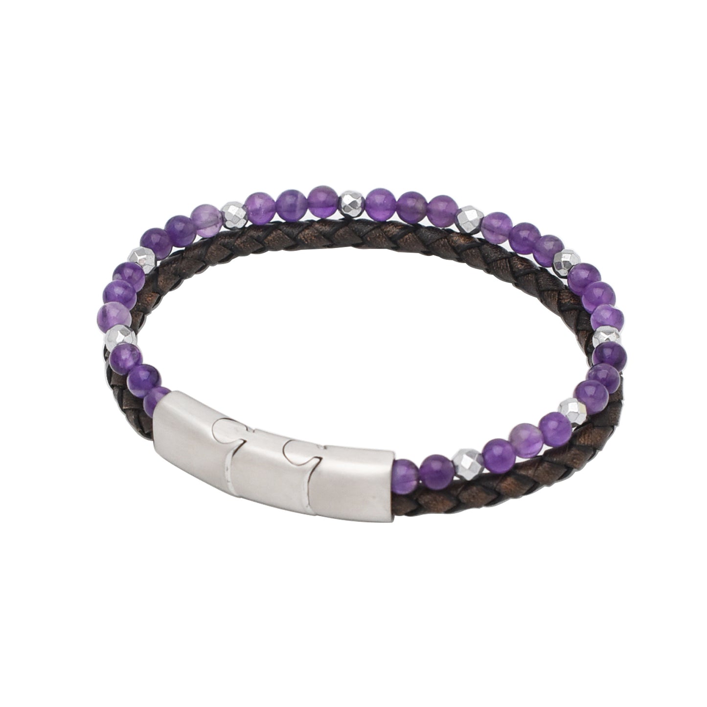 Armband "Ruhe" Leder braun, Amethyst & Hämatit - Entspannung, Mut & Lebensenergie
