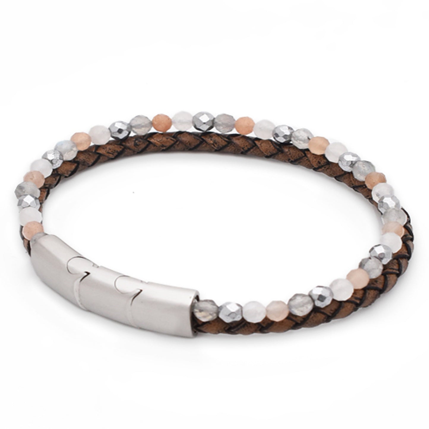 Armband "Kraft" Leder braun, Mondstein & Hämatit – Lebenskraft, Heiterkeit & Mut