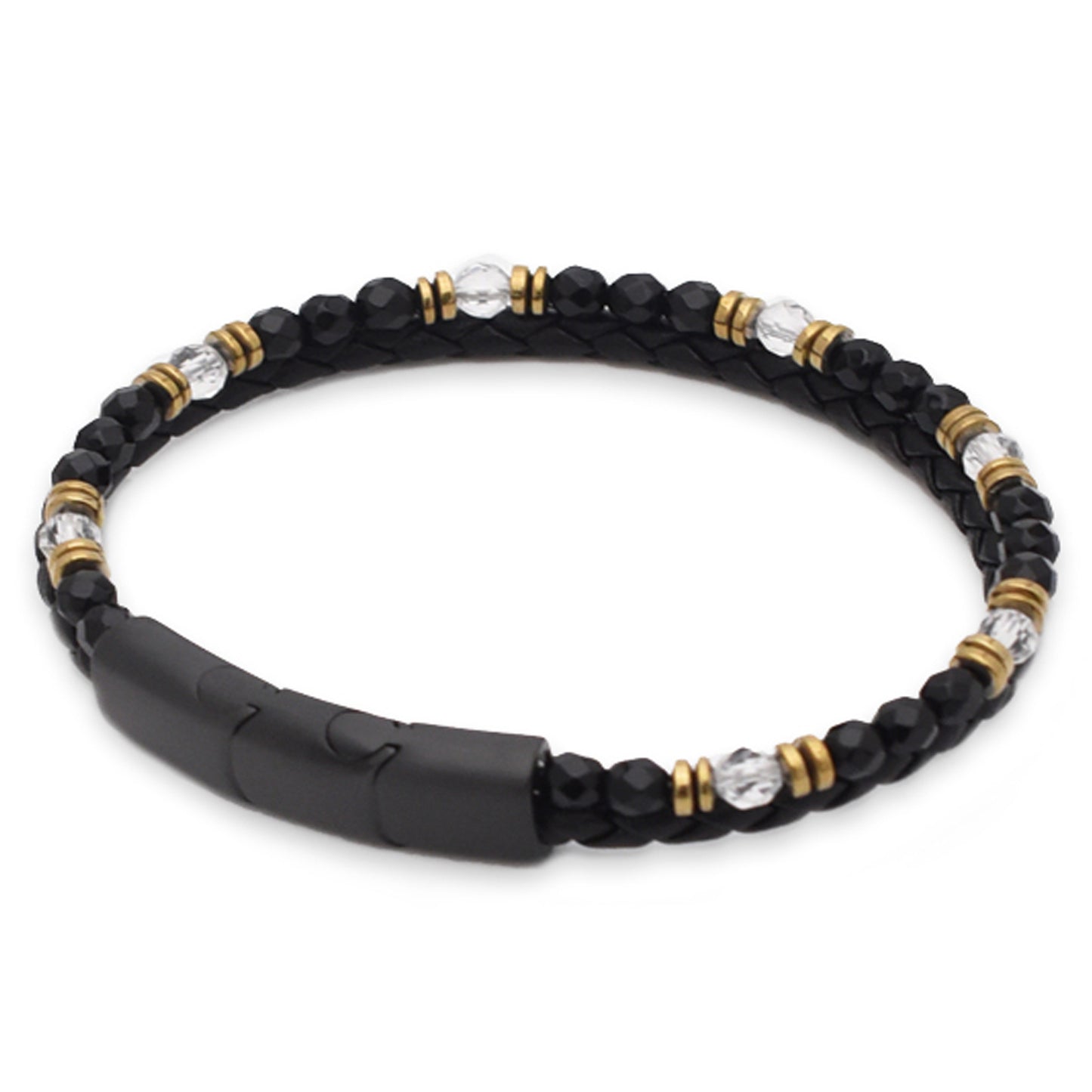 Armband "Energie" Leder schwarz, Bergkristall, Onyx & Hämatit – Selbstbewusstsein, Klarheit & Lebenskraft