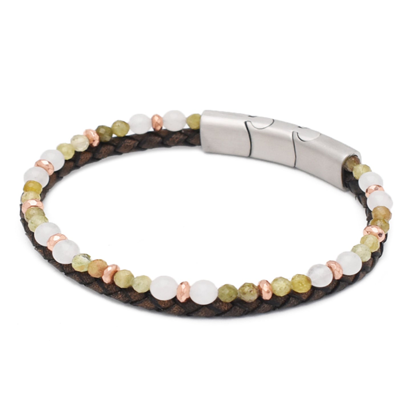 Armband "Freude" Leder braun, Peridot, Jade & Hämatit – Lebenslust, Schutz & innere Ruhe