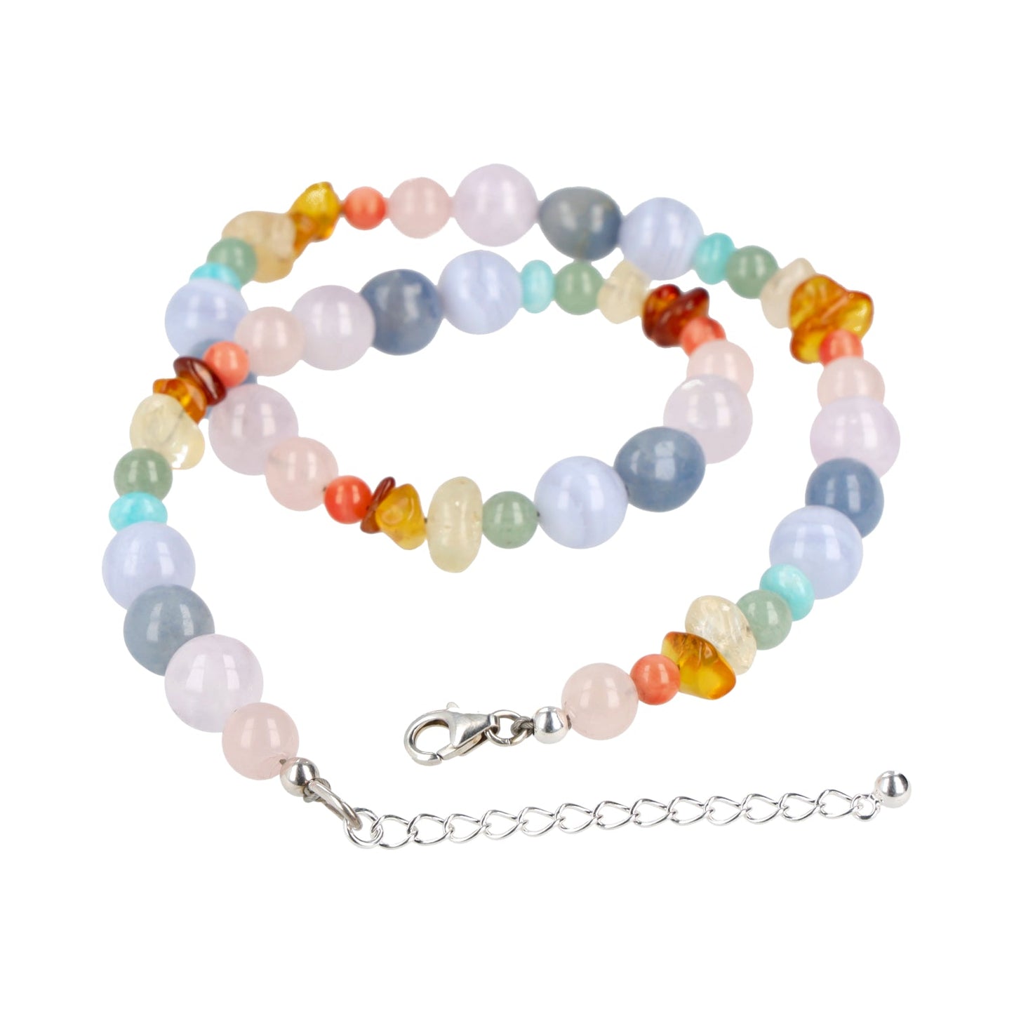 Gesamtansicht der „Chakra-Pastell“ Halskette mit sichtbrem Karabinerverschluß aus 925 Sterling Silber mit Amethyst, Aventurin, Rosenquarz – Harmonie für Körper und Geist.