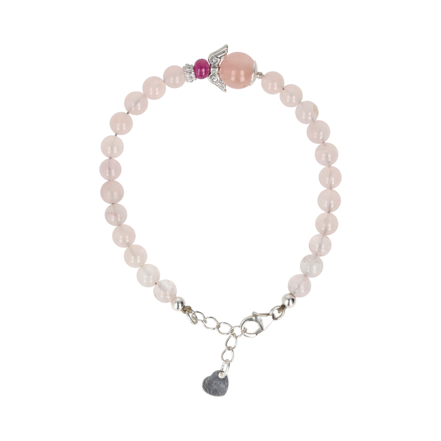 Draufsicht des Engel-Armbands „Engel der Liebe“ mit Rosenquarzperlen und Rubin. Schmuckstück aus 925 Sterling Silber.