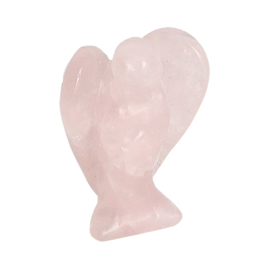 Schräge Seitenansicht einer Engelfigur aus Rosenquarz – Zartes Rosé, Schutz und Liebe, fördert emotionale Heilung und Harmonie.