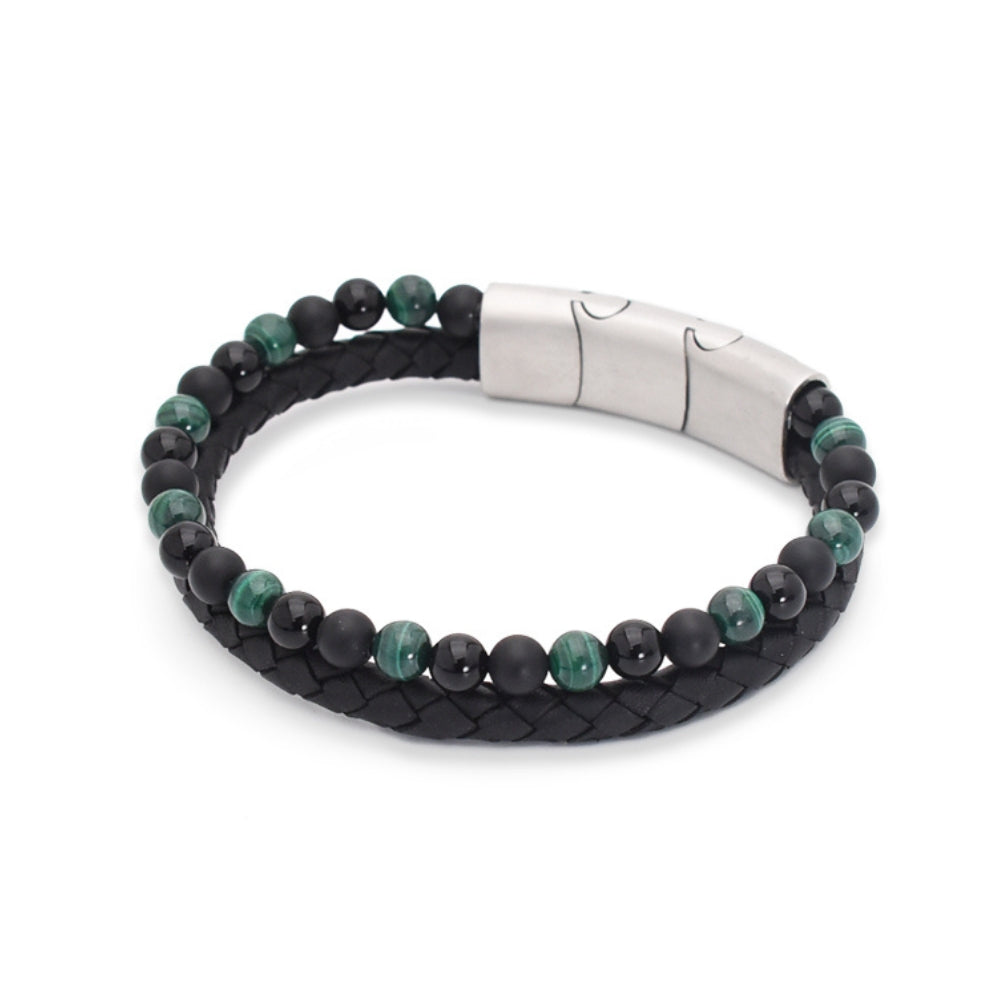 Armband "Green Mamba" Leder schwarz, Malachit & Onyx – Harmonie, Schutz & innere Stärke