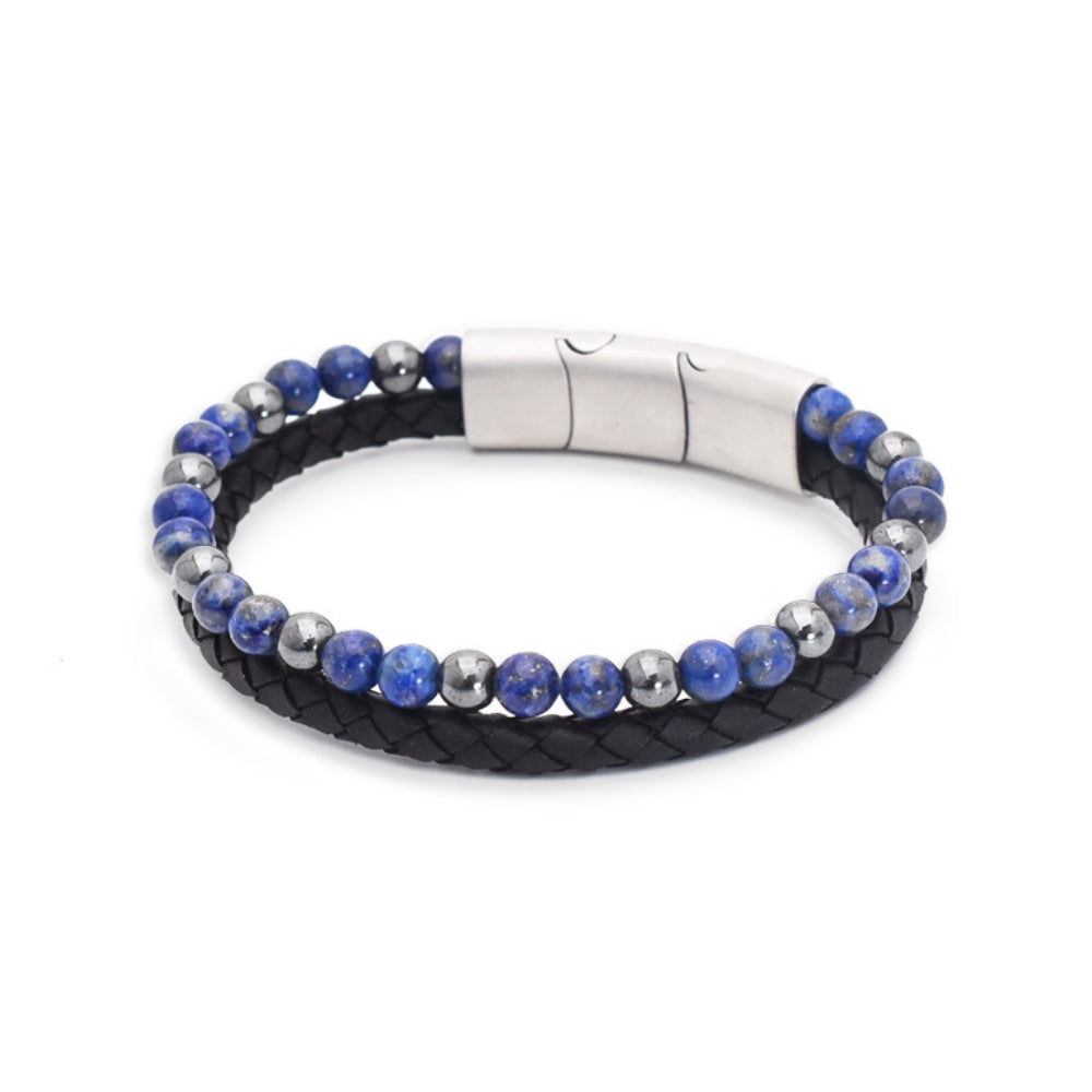 Armband „Royal Blue“ Leder schwarz, Lapislazuli & Hämatit – Weisheit, Erdung & Eleganz