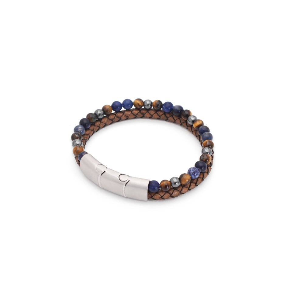 Armband "Blue Beads" Leder braun, Sodalith, Tigerauge & Hämatit – innere Kraft & Ausgeglichenheit