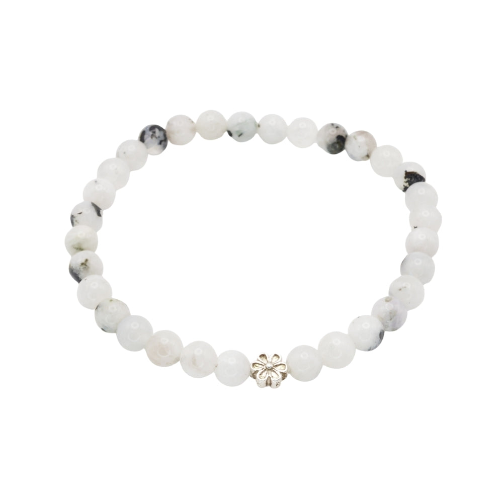 Edelsteinarmband „Regenbogen-Mondstein & Blume Silber“ (6mm Perlen) für Intuition, Harmonie & innere Ruhe