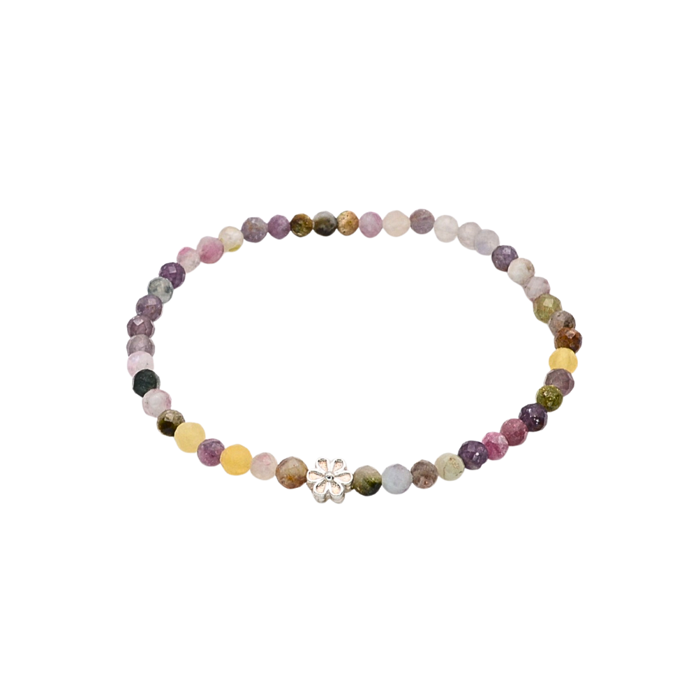 Edelsteinarmband „Bunter Turmalin & Blume silber“ (4mm Perlen) für Harmonie, Schutz & Lebensfreude