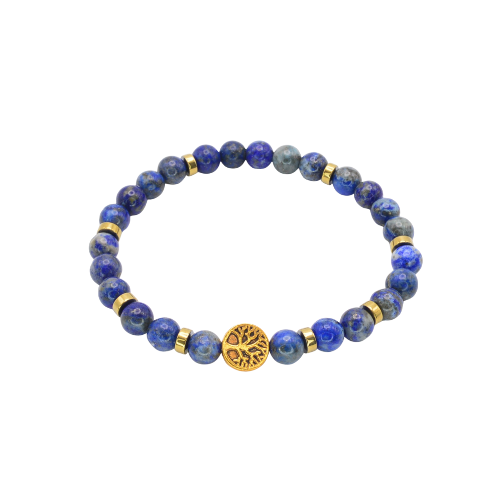 Edelsteinarmband „Lapislazuli & Lebensbaum Deluxe gold“ (6 mm Perlen) für Weisheit, Schutz & innere Stärke