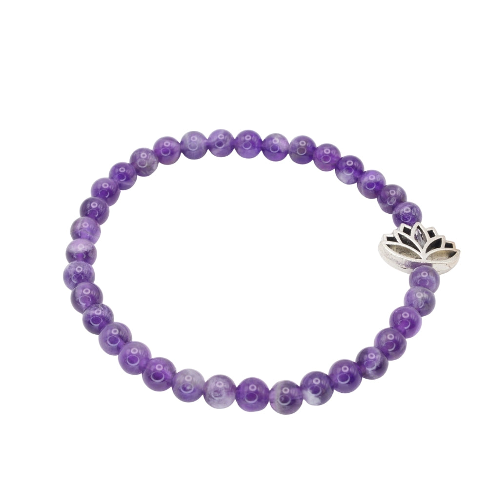 Edelsteinarmband „Amethyst & Lotusblume silber“ (6 mm Perlen) für Ruhe, Schutz & spirituelles Wachstum