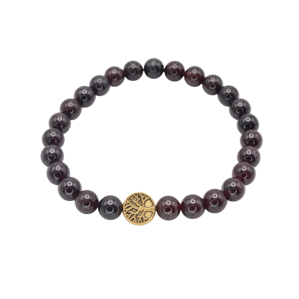 Edelsteinarmband „Granat & Lebensbaum gold“ (6 mm Perlen) für Energie, Lebensfreude & Schutz