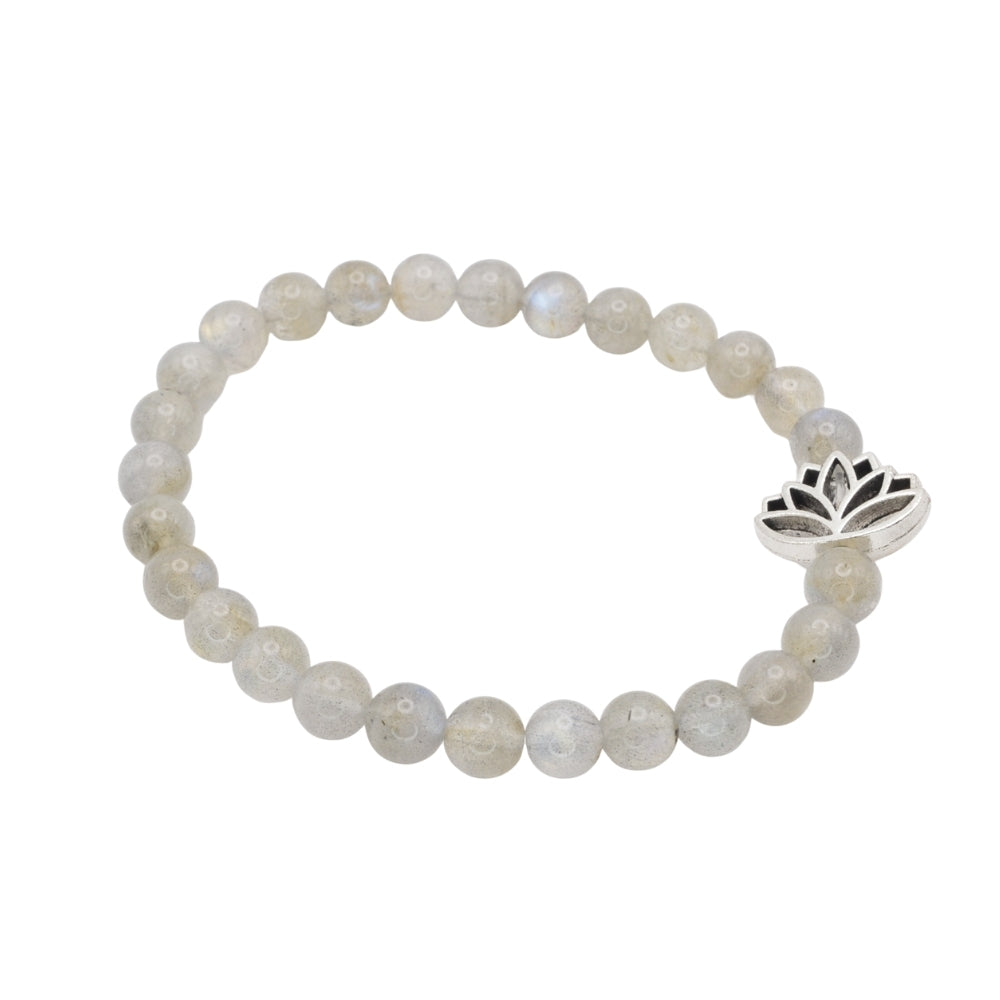 Edelsteinarmband „Labradorit & Lotusblume silber“ (6 mm Perlen) für Intuition, Klarheit & spirituelle Balance