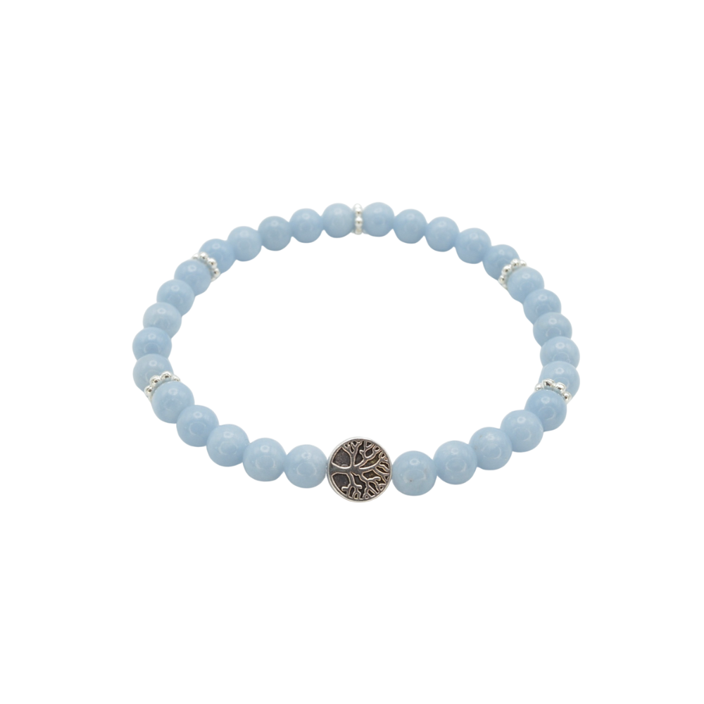 Edelsteinarmband „Angelit & Lebensbaum silber“ (6mm Perlen) für Trauerbewältigung & neue Kraft