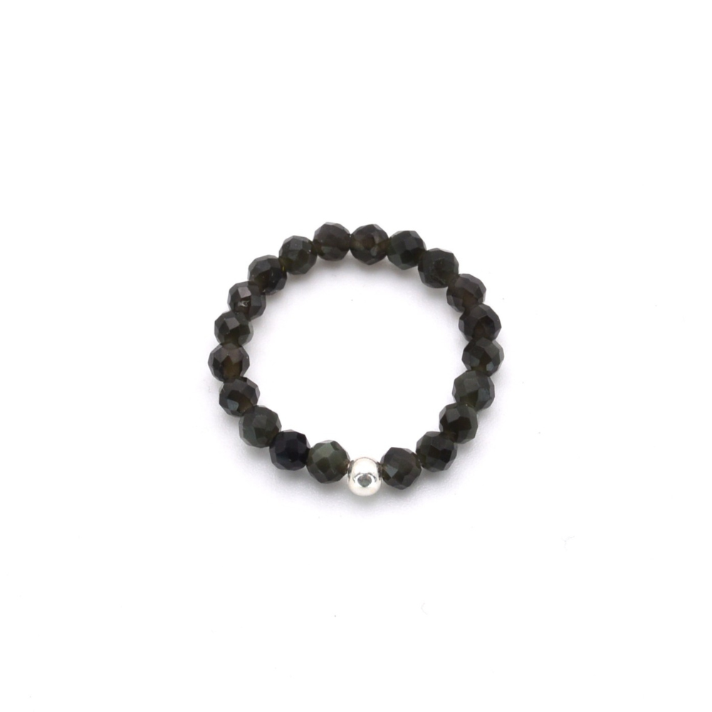 Edelsteinring "Obsidian & Silber" (3mm Perlen, facettiert) für Schutz & Selbstvertrauen
