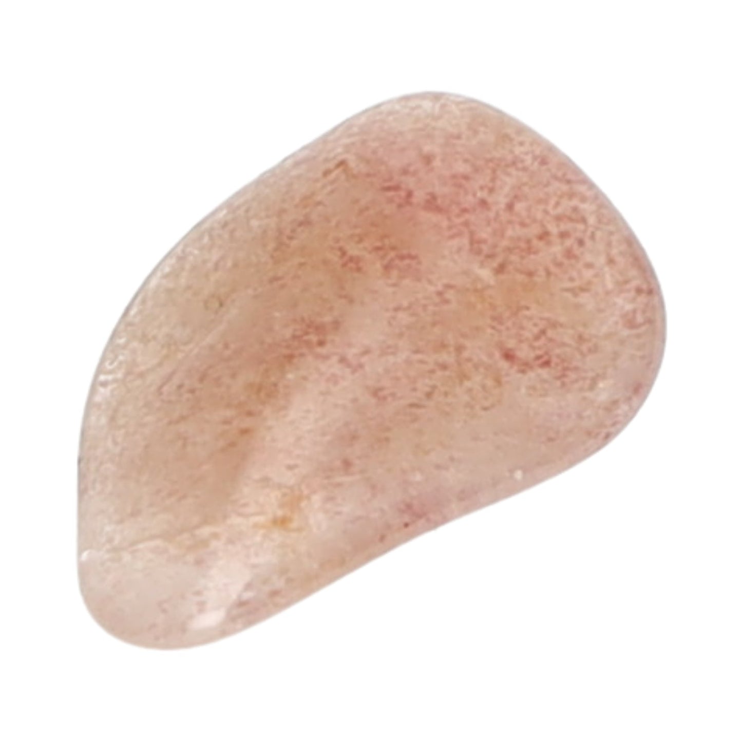 Nahaufnahme des Erdbeerquarz Trommelsteins mit rötlichen Einschlüsse, symbolisiert Vitalität und Lebensfreude.