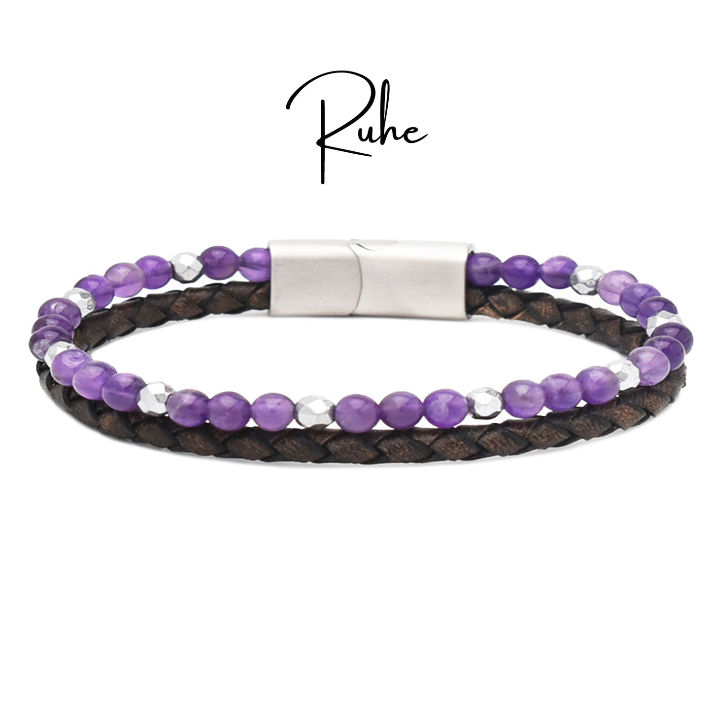 Armband "Ruhe" Leder braun, Amethyst & Hämatit - Entspannung, Mut & Lebensenergie
