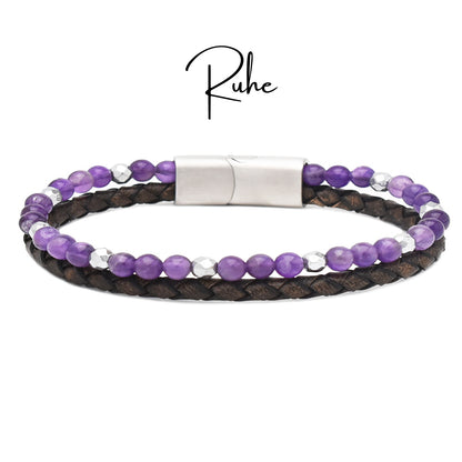 Armband "Ruhe" Leder braun, Amethyst & Hämatit - Entspannung, Mut & Lebensenergie