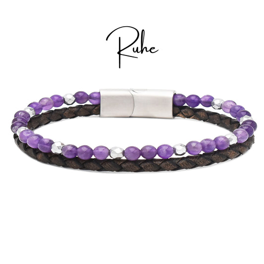 Armband "Ruhe" Leder braun, Amethyst & Hämatit - Entspannung, Mut & Lebensenergie