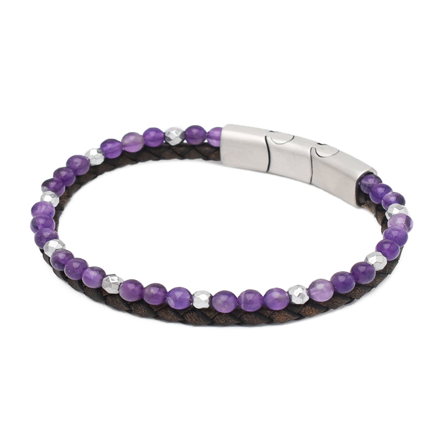 Armband "Ruhe" Leder braun, Amethyst & Hämatit - Entspannung, Mut & Lebensenergie