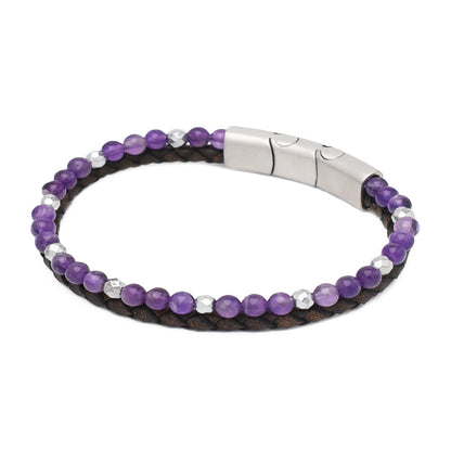 Armband "Ruhe" Leder braun, Amethyst & Hämatit - Entspannung, Mut & Lebensenergie