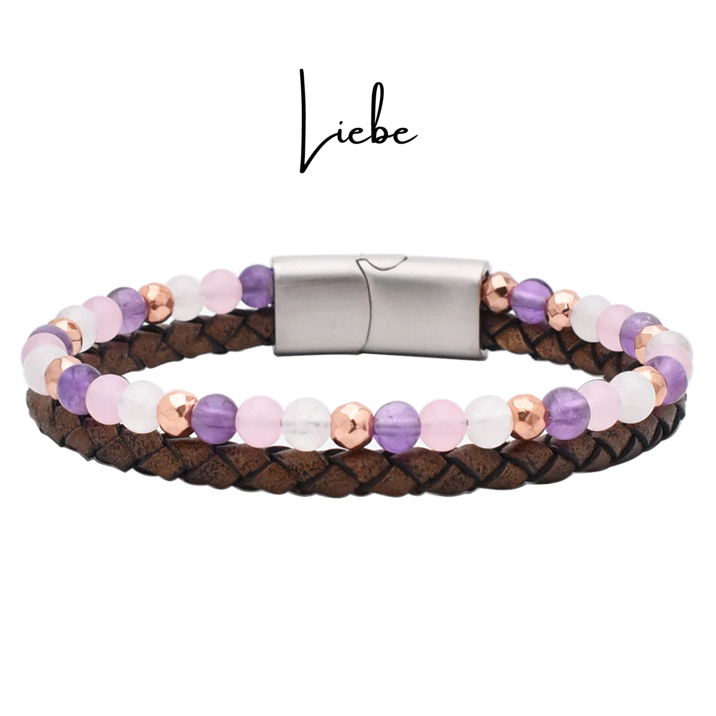 Armband "Liebe" Leder braun, Amethyst, Rosenquarz, Jade & Hämatit – Liebe, Kreativität & Lebensfreude