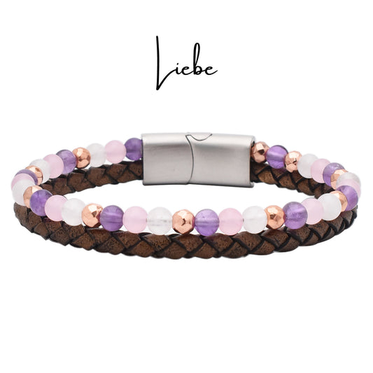 Armband "Liebe" Leder braun, Amethyst, Rosenquarz, Jade & Hämatit – Liebe, Kreativität & Lebensfreude