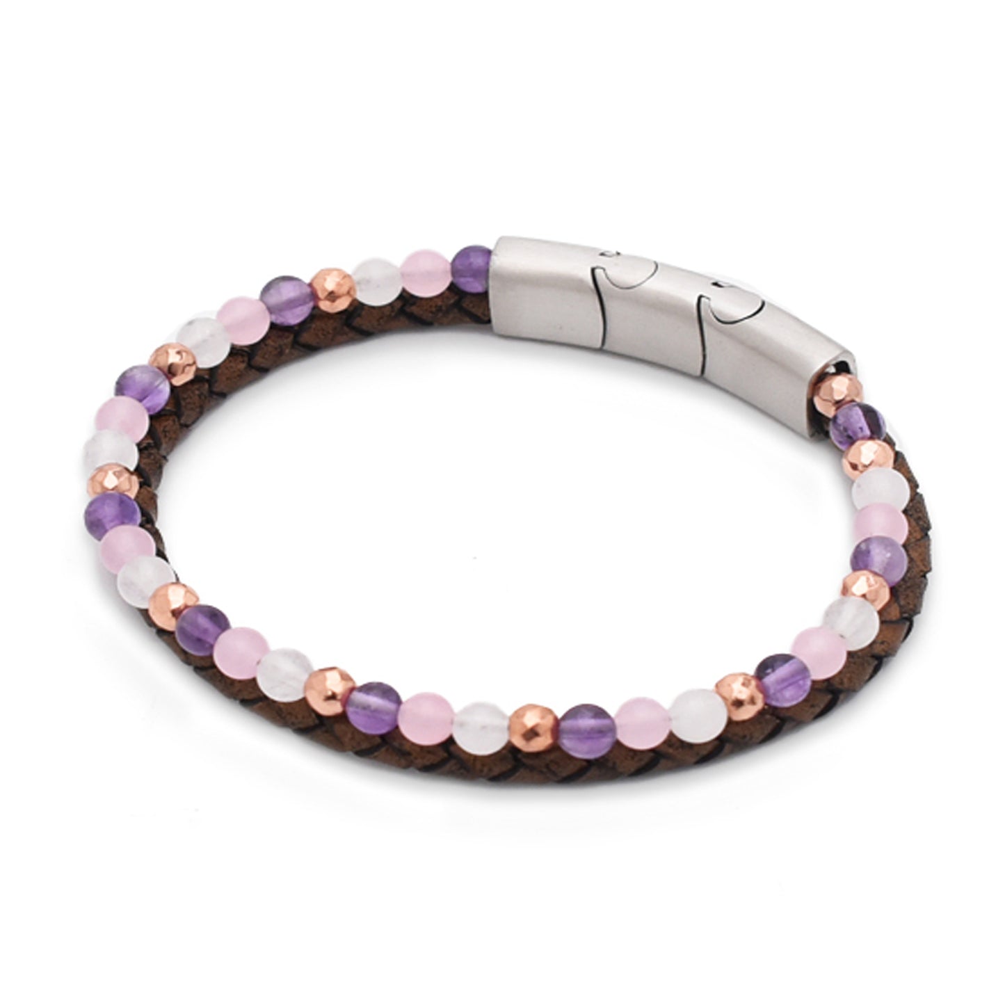 Armband "Liebe" Leder braun, Amethyst, Rosenquarz, Jade & Hämatit – Liebe, Kreativität & Lebensfreude