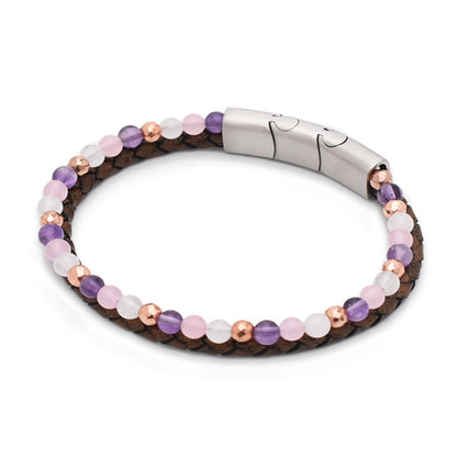 Armband "Liebe" Leder braun, Amethyst, Rosenquarz, Jade & Hämatit – Liebe, Kreativität & Lebensfreude