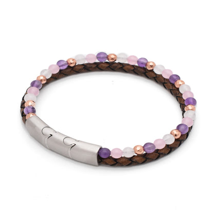 Armband "Liebe" Leder braun, Amethyst, Rosenquarz, Jade & Hämatit – Liebe, Kreativität & Lebensfreude