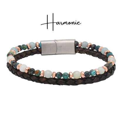 Armband "Harmonie" Leder braun, Chrysokoll, Aquamarin & Hämatit – Ausgleich, Frieden & Energie