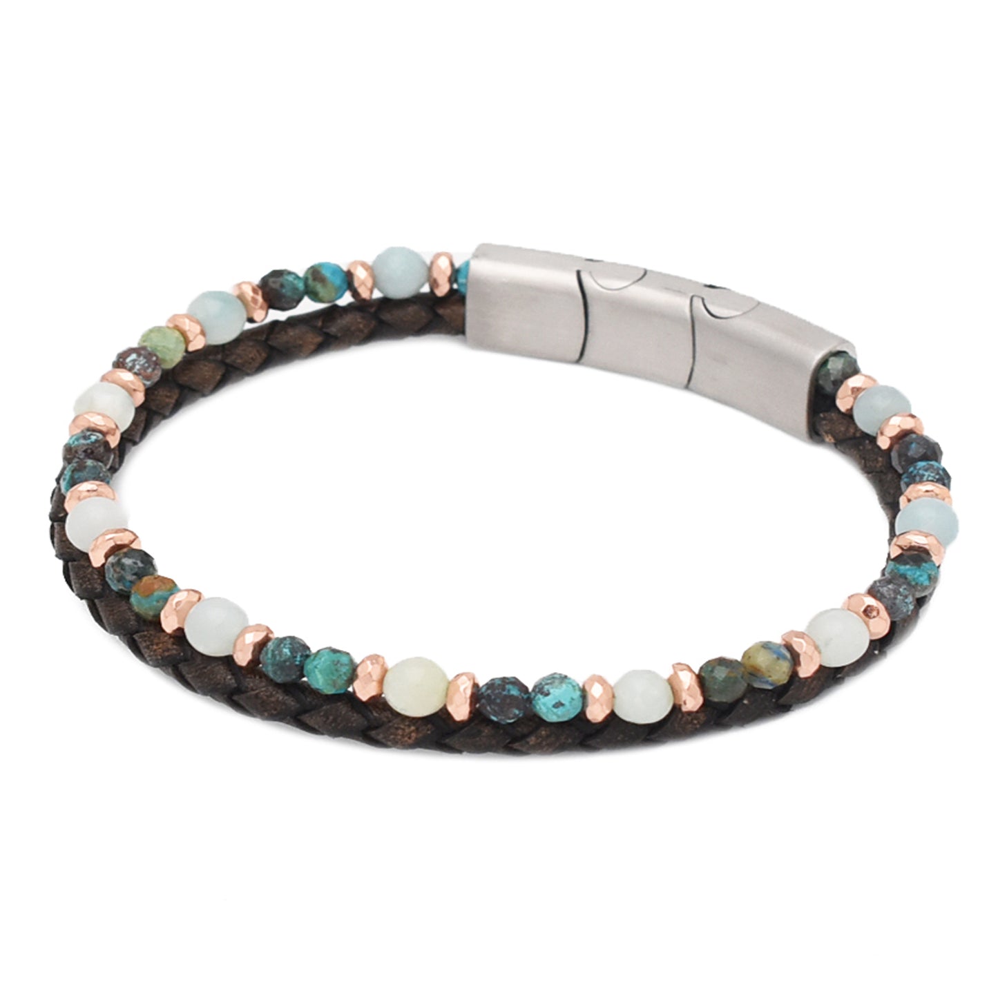 Armband "Harmonie" Leder braun, Chrysokoll, Aquamarin & Hämatit – Ausgleich, Frieden & Energie