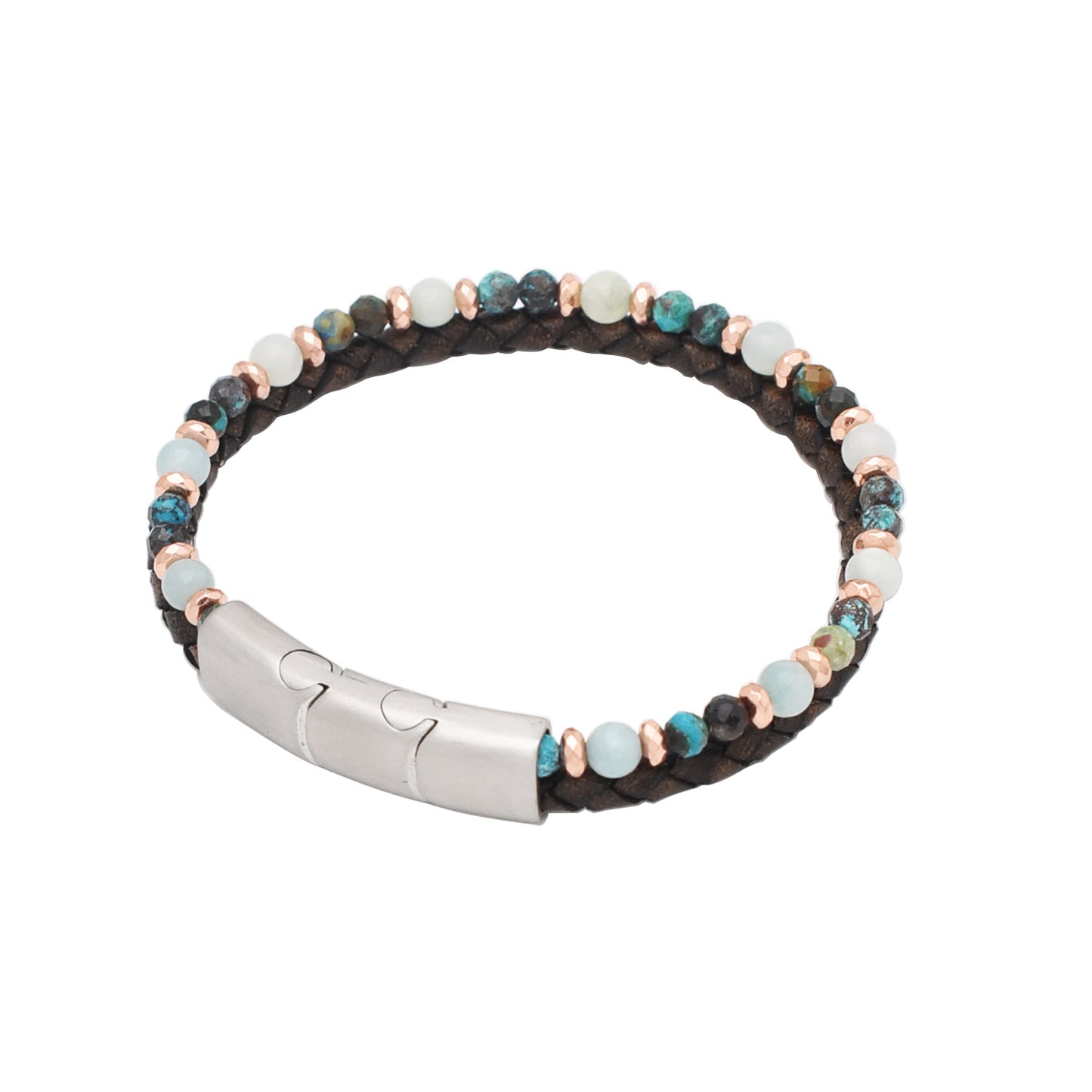 Armband "Harmonie" Leder braun, Chrysokoll, Aquamarin & Hämatit – Ausgleich, Frieden & Energie