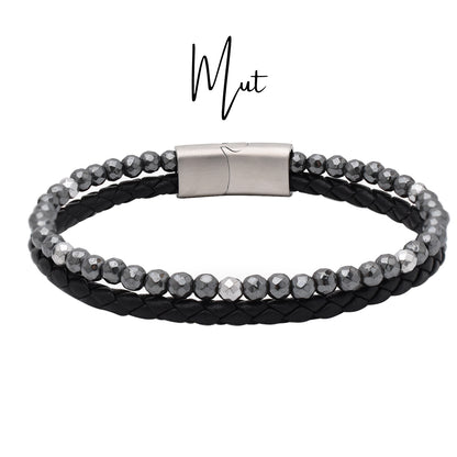 Armband "Mut" Leder schwarz, Hämatit – Lebensfreude, Entschlossenheit & innere Stärke