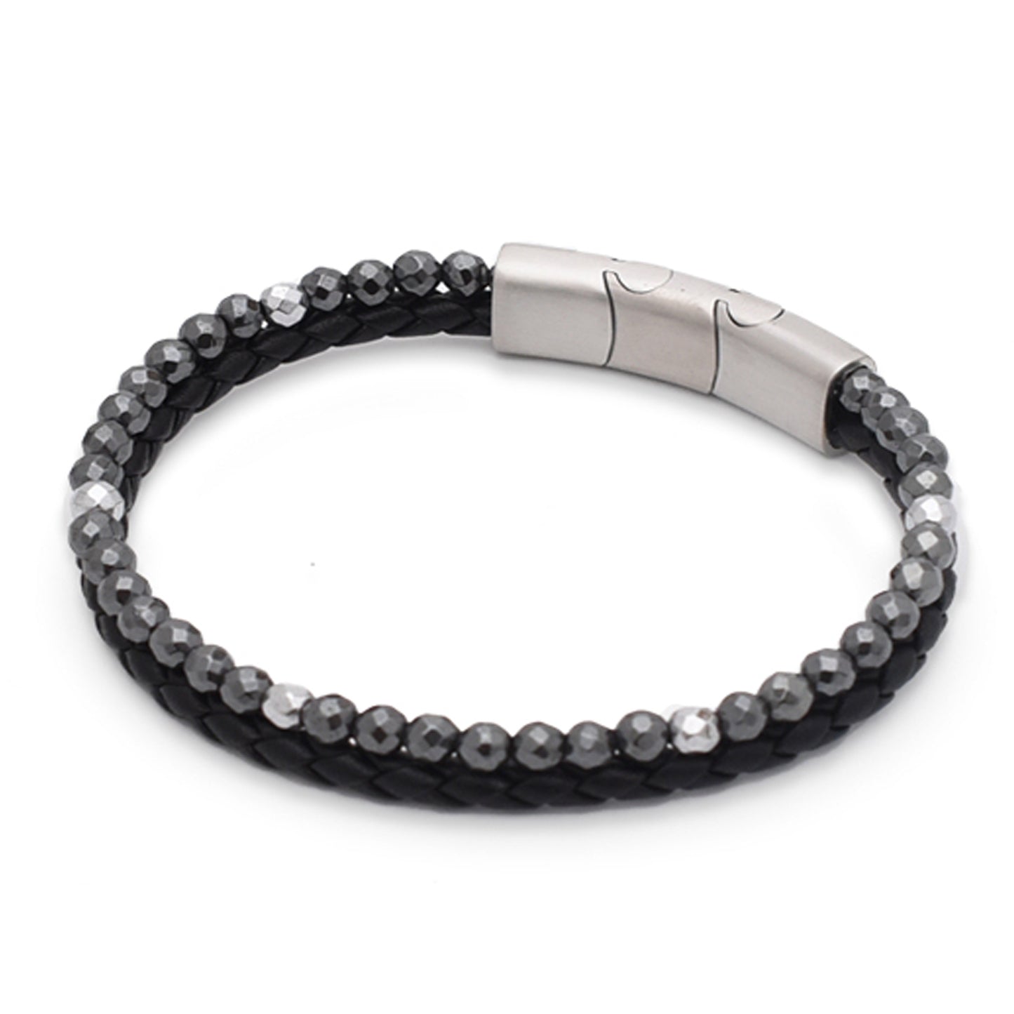 Armband "Mut" Leder schwarz, Hämatit – Lebensfreude, Entschlossenheit & innere Stärke