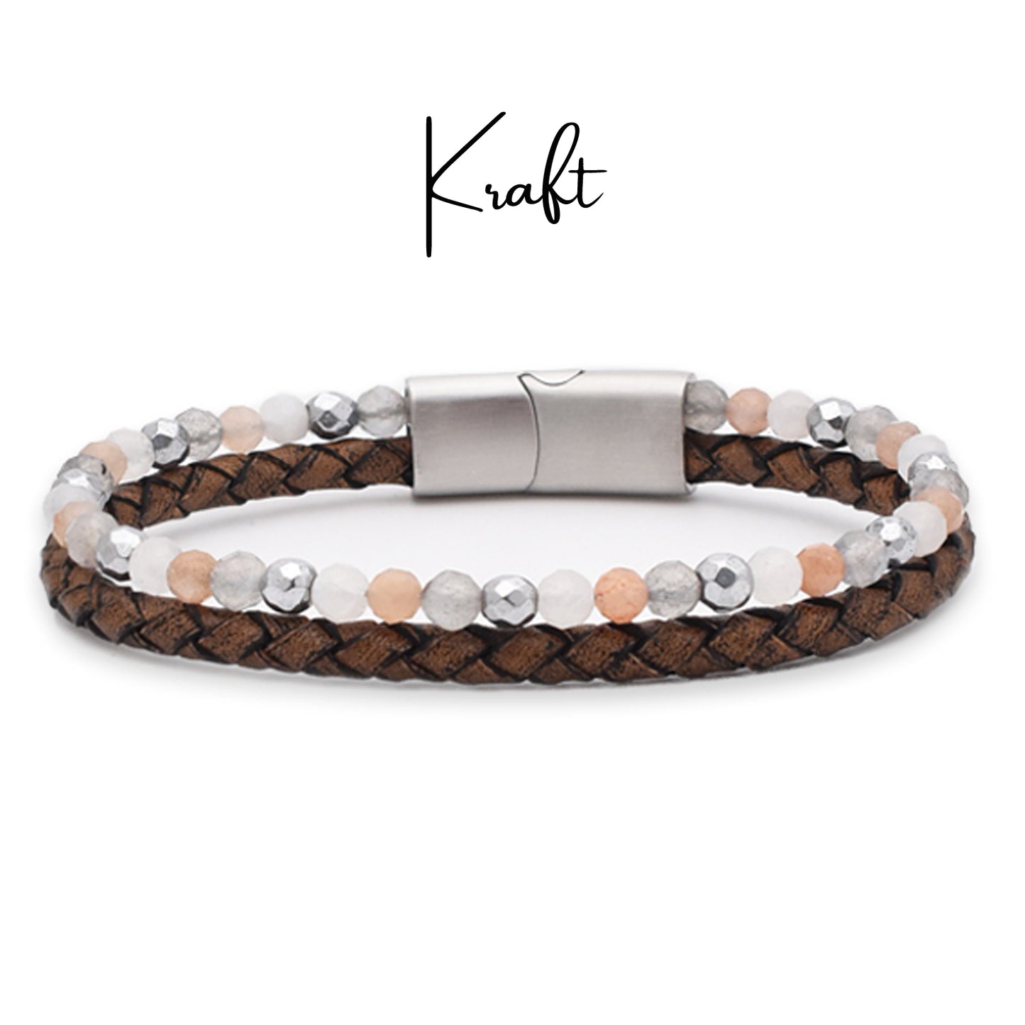 Armband "Kraft" Leder braun, Mondstein & Hämatit – Lebenskraft, Heiterkeit & Mut