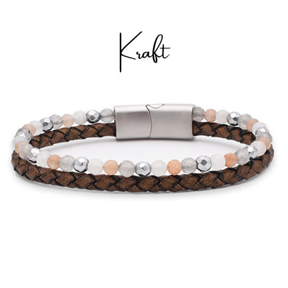 Armband "Kraft" Leder braun, Mondstein & Hämatit – Lebenskraft, Heiterkeit & Mut