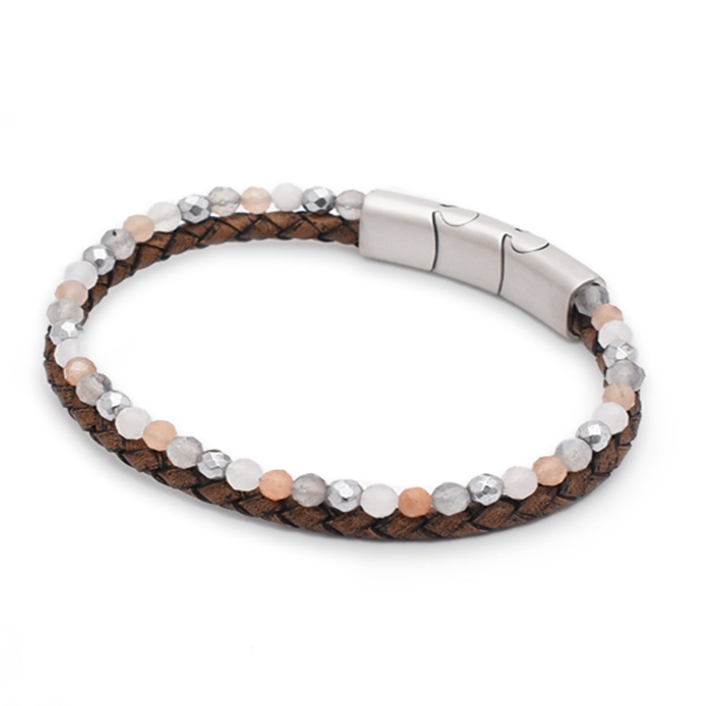 Armband "Kraft" Leder braun, Mondstein & Hämatit – Lebenskraft, Heiterkeit & Mut