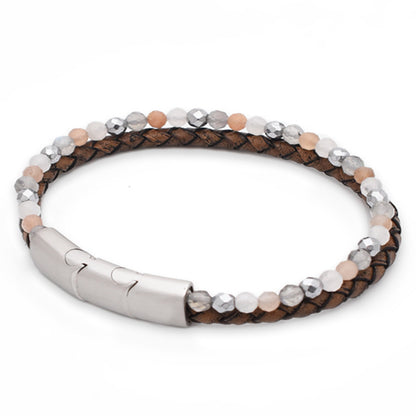 Armband "Kraft" Leder braun, Mondstein & Hämatit – Lebenskraft, Heiterkeit & Mut