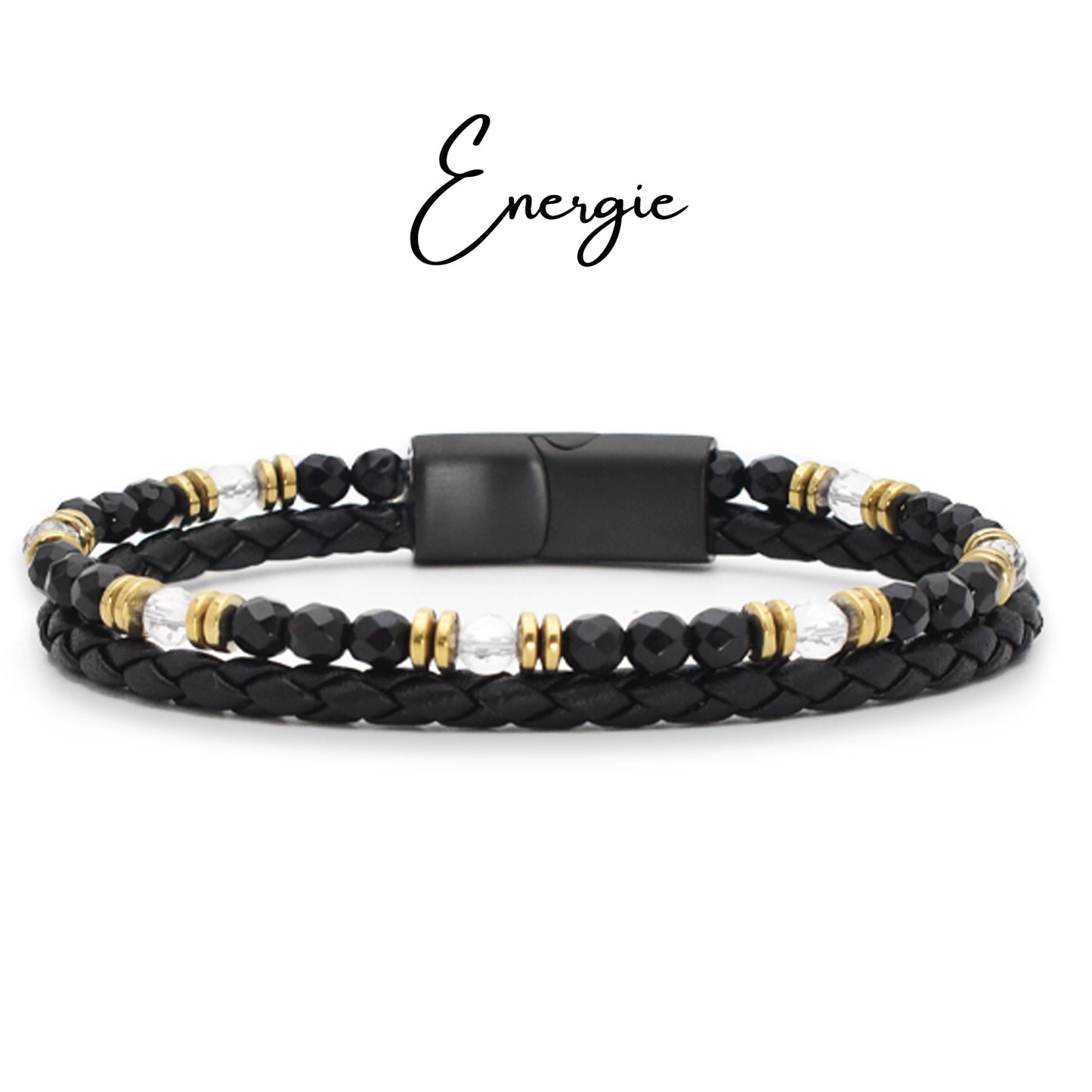 Armband "Energie" Leder schwarz, Bergkristall, Onyx & Hämatit – Selbstbewusstsein, Klarheit & Lebenskraft