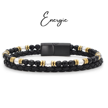 Armband "Energie" Leder schwarz, Bergkristall, Onyx & Hämatit – Selbstbewusstsein, Klarheit & Lebenskraft
