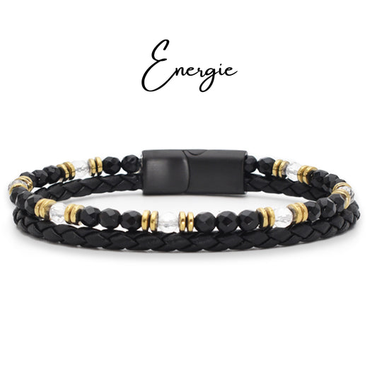 Armband "Energie" Leder schwarz, Bergkristall, Onyx & Hämatit – Selbstbewusstsein, Klarheit & Lebenskraft