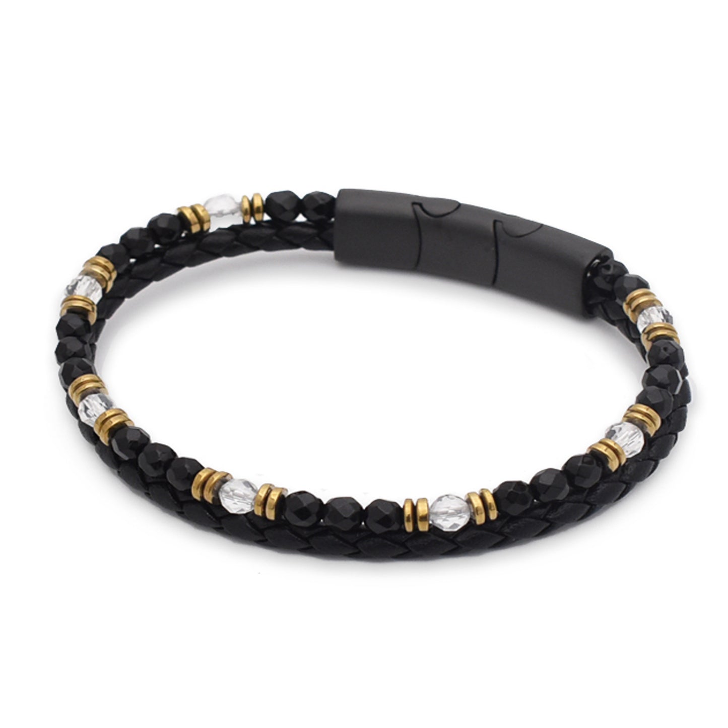 Armband "Energie" Leder schwarz, Bergkristall, Onyx & Hämatit – Selbstbewusstsein, Klarheit & Lebenskraft