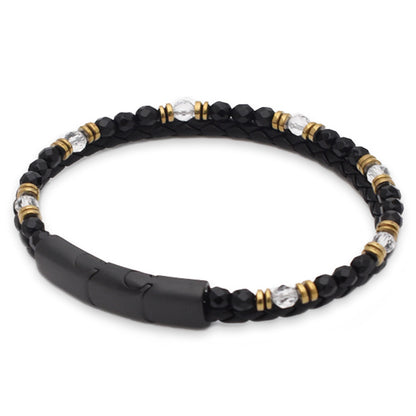 Armband "Energie" Leder schwarz, Bergkristall, Onyx & Hämatit – Selbstbewusstsein, Klarheit & Lebenskraft