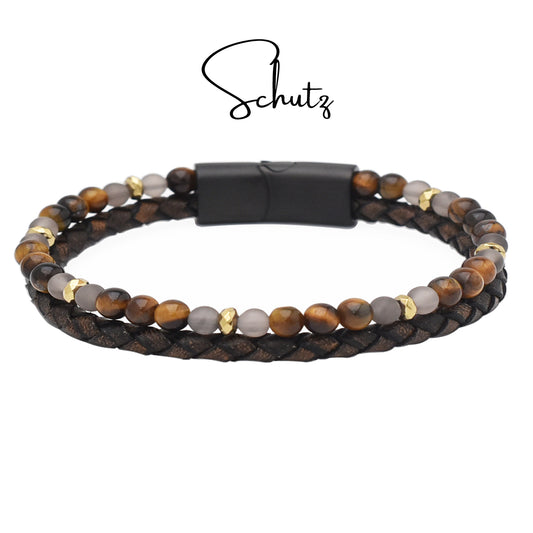Armband "Schutz" Leder braun, Tigerauge, Rauchquarz & Hämatit – Mut, Ausgeglichenheit & Sicherheit