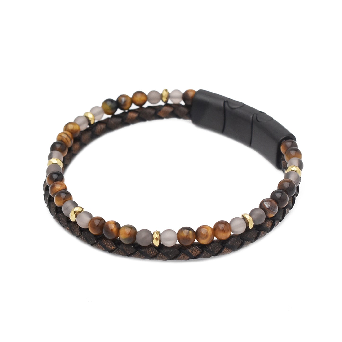 Armband "Schutz" Leder braun, Tigerauge, Rauchquarz & Hämatit – Mut, Ausgeglichenheit & Sicherheit