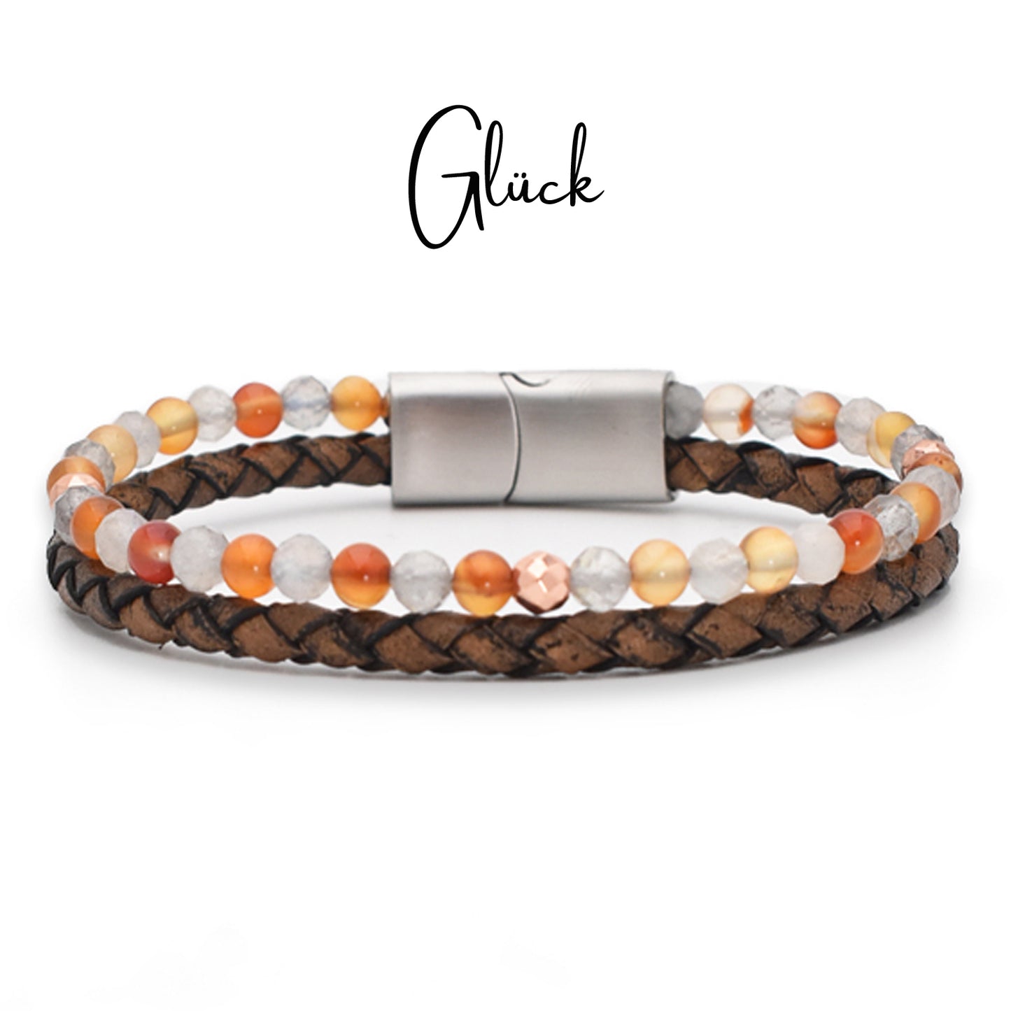 Armband "Glück" Leder braun, Karneol, Labradorit & Hämatit – Standfestigkeit, Kreativität & Mut