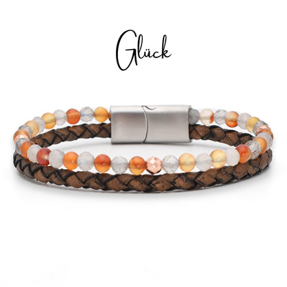 Armband "Glück" Leder braun, Karneol, Labradorit & Hämatit – Standfestigkeit, Kreativität & Mut