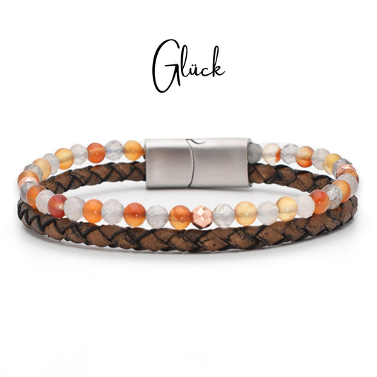 Armband "Glück" Leder braun, Karneol, Labradorit & Hämatit – Standfestigkeit, Kreativität & Mut