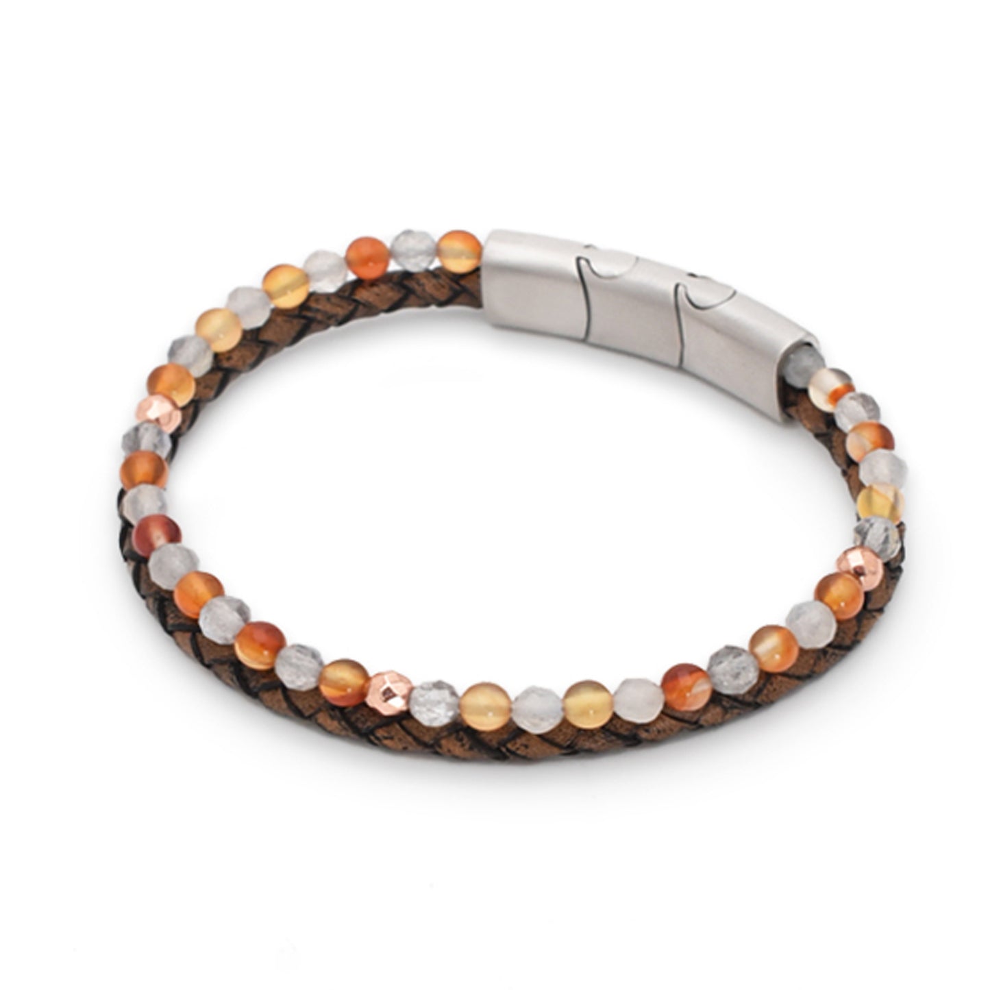 Armband "Glück" Leder braun, Karneol, Labradorit & Hämatit – Standfestigkeit, Kreativität & Mut