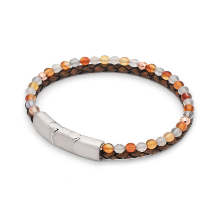Armband "Glück" Leder braun, Karneol, Labradorit & Hämatit – Standfestigkeit, Kreativität & Mut